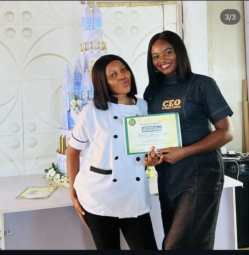 K-ville Cakes CEO with student holding certificate